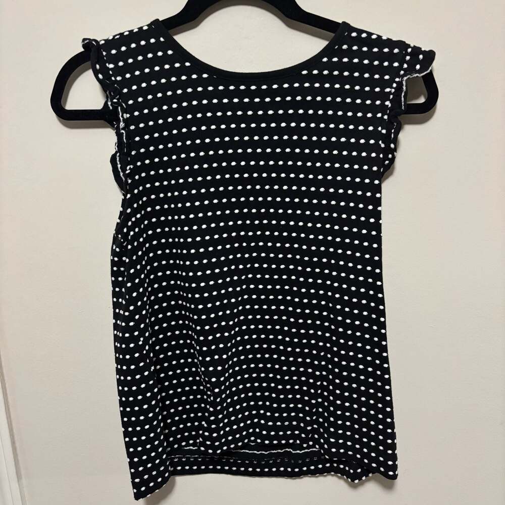 LOFT Black and White Polka Dot Ruffle Cap Sleeve Shell Top